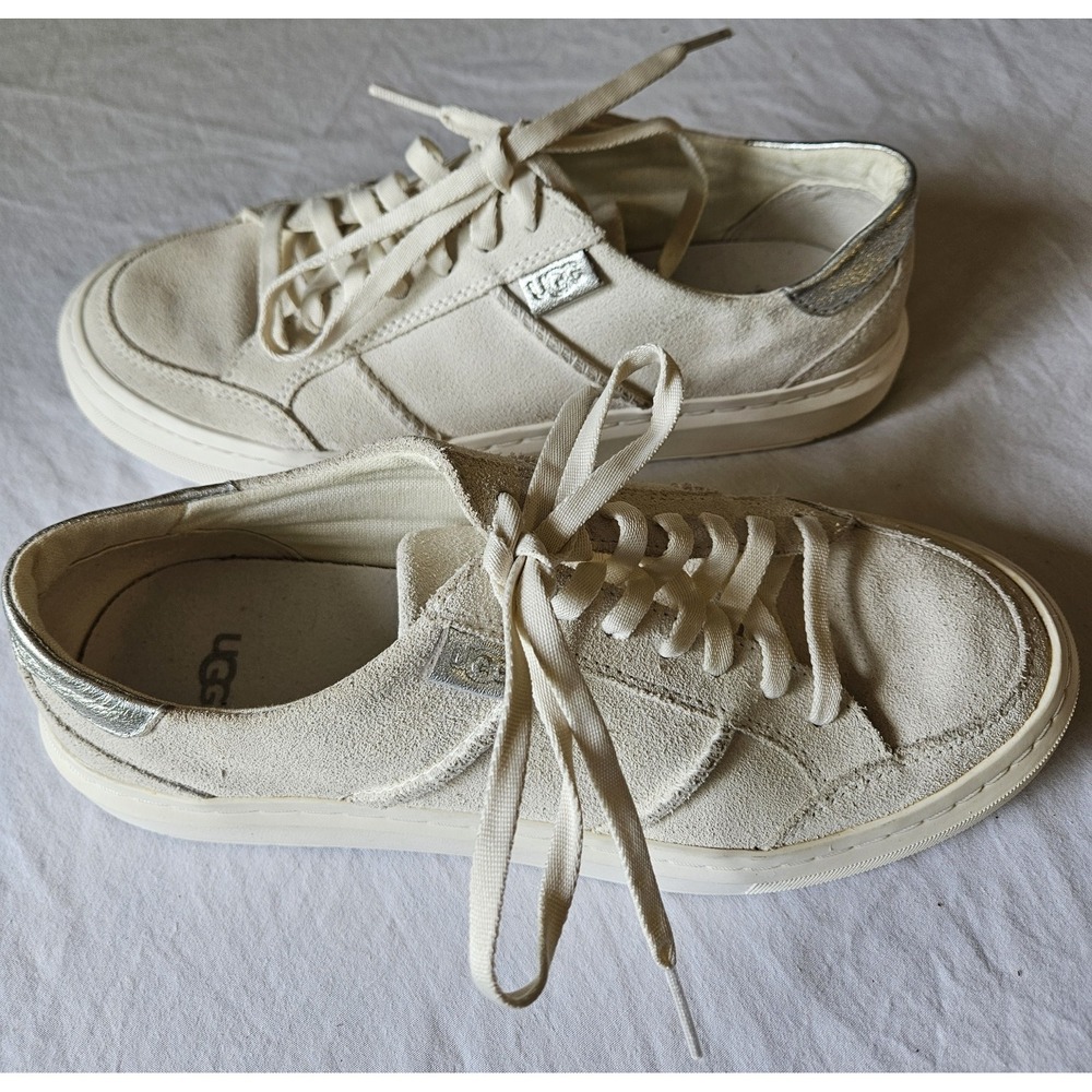 UGG Women's Size 7 Suede Sneakers Cream White Silver Heel Lace Up‎ Casual Shoes